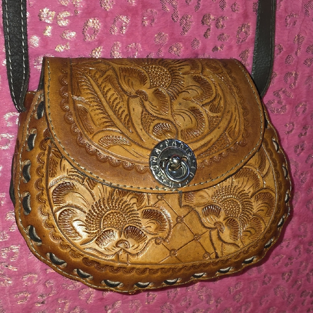 Mexican Leather Tooled Crossbody Bag